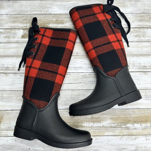 Coach Woman’s Tristee Rain Red/Black Buffalo Plaid Fleece-Lined Boots Size 6B - Picture 9 of 12